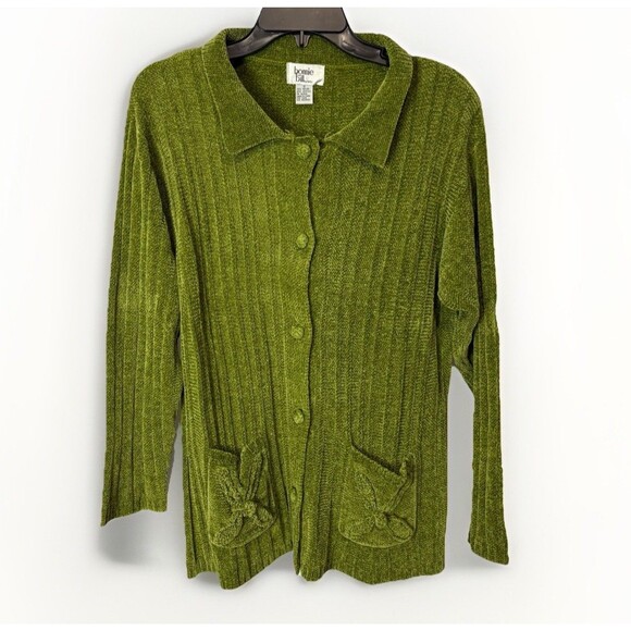 Vintage 90s Small Chenille Sweater Cardigan Peter Pan Collar Pockets Green Cozy - Picture 1 of 9